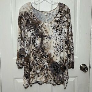 COLDWATER CREEK Dolman Ruched Sleeve Brown Tan Women’s Floral Top | size 2X